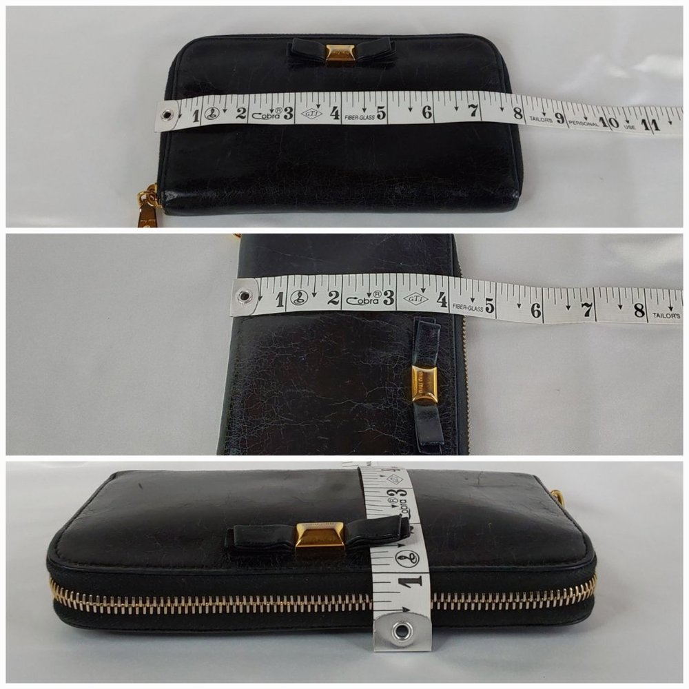 'MIU MIU' BOW-FRONT LEATHER WALLET FULL-ZIP  DISTRESSED ONYX - Picture 13 of 15